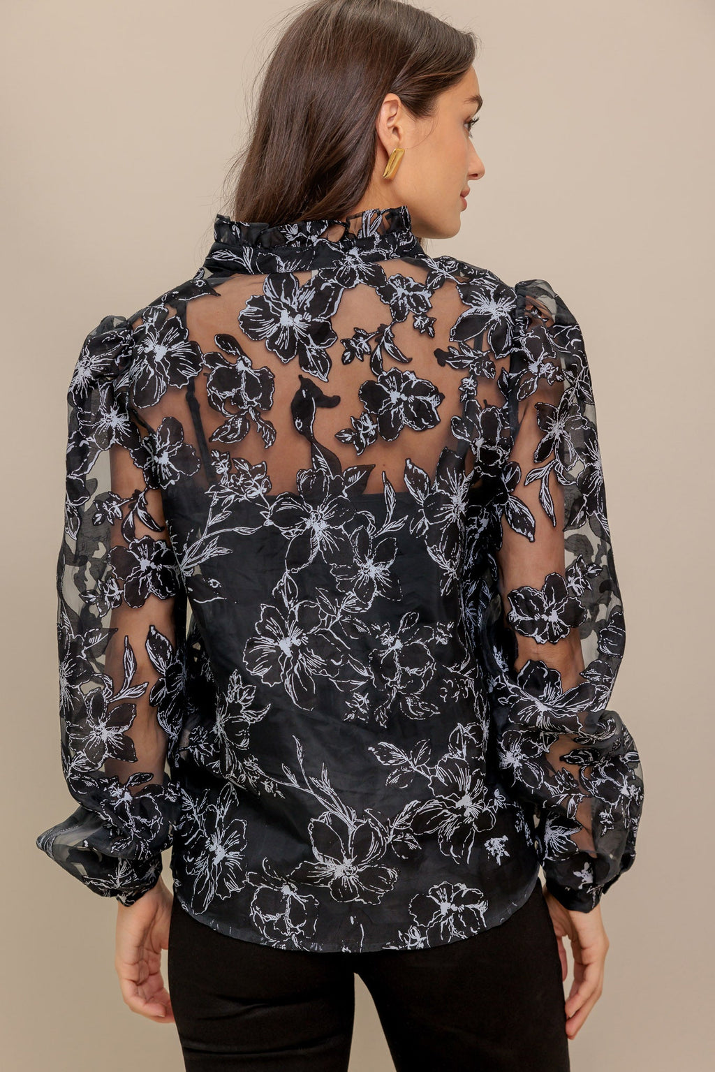 A woven organza top featuring high neckline with V center, long sleeve and cami