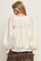 ETERNAL PEARL CHARM WOVEN PEASANT TOP