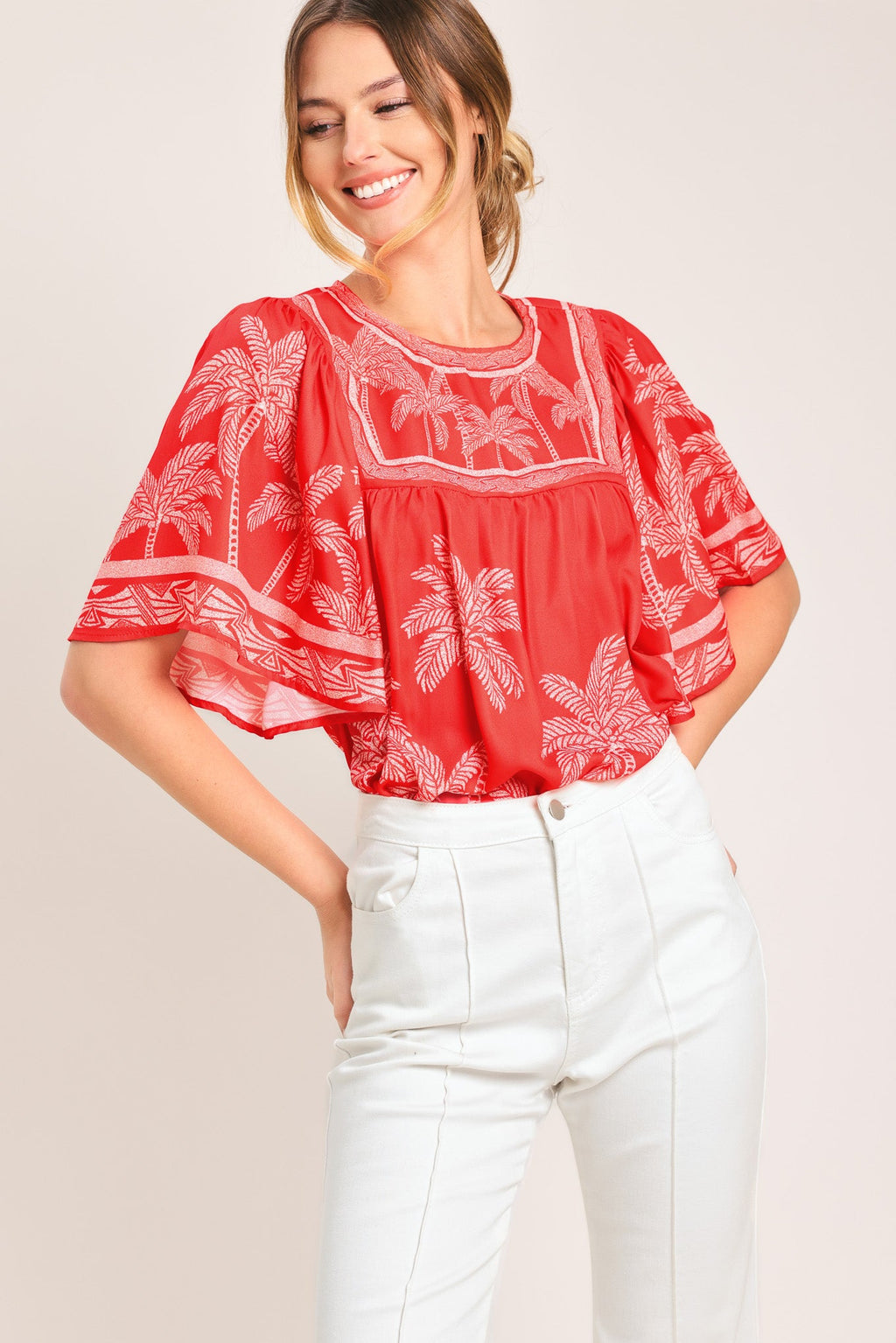 Breeze Story Printed Flutter-Sleeve Top