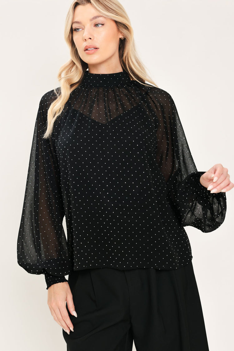 Noir Radiance Black Embellished Raglan-Sleeve Top