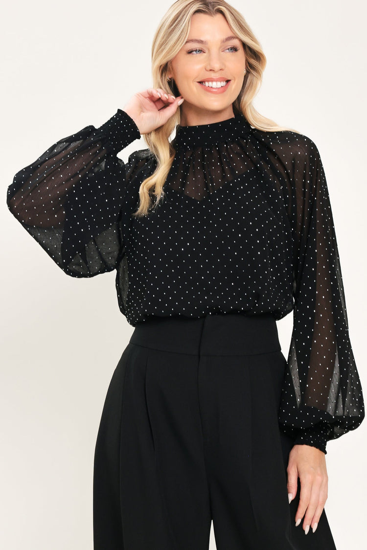 Noir Radiance Black Embellished Raglan-Sleeve Top