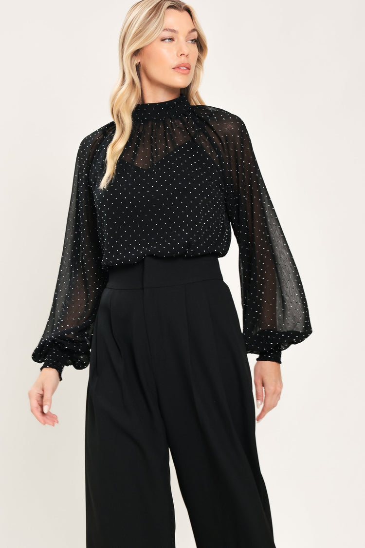 Noir Radiance Black Embellished Raglan-Sleeve Top