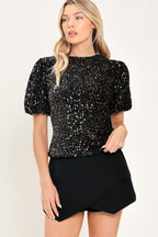 After Midnight Black Sequin Bubble-Sleeve Top