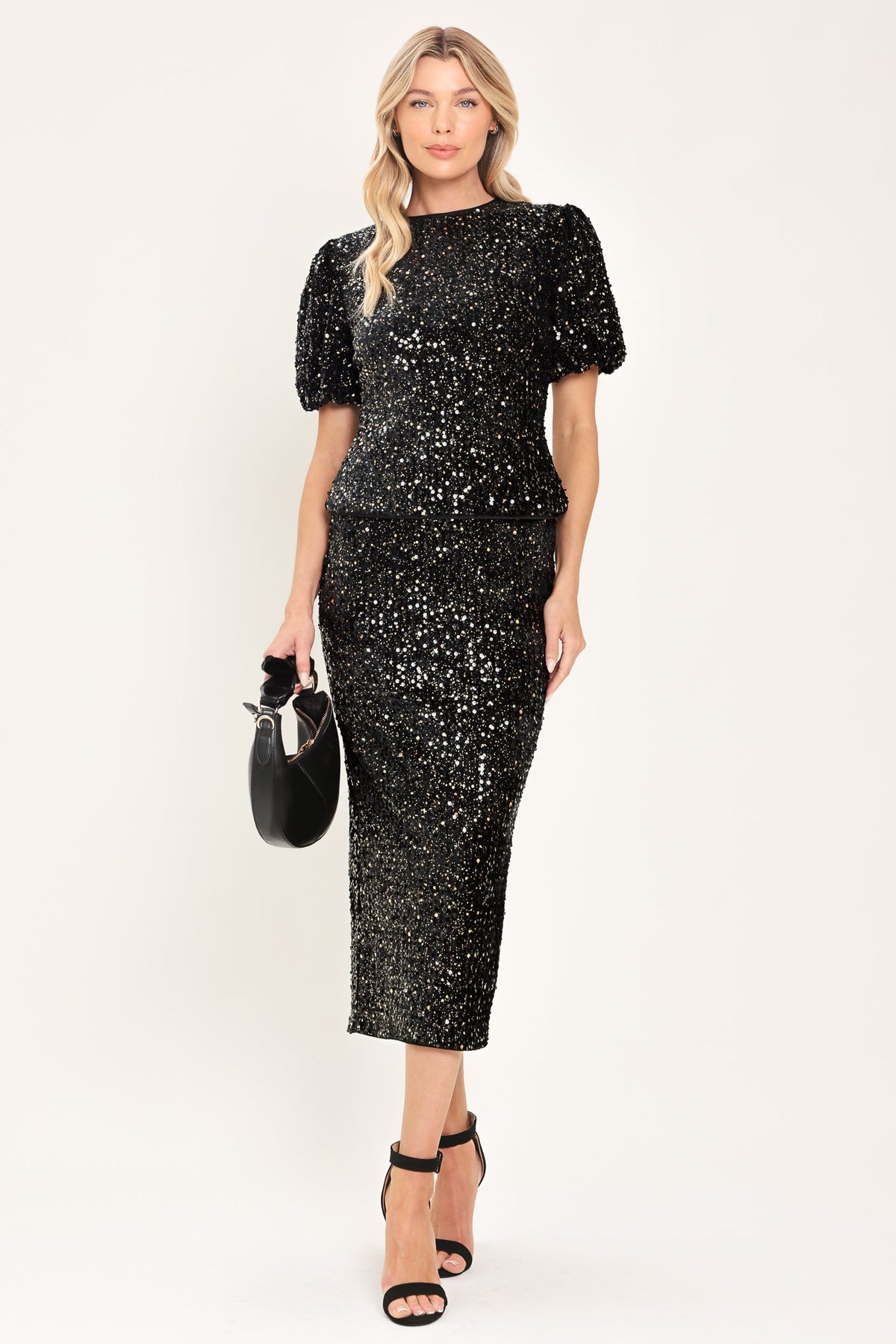 After Midnight Black Sequin Bubble-Sleeve Top