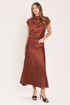 Burgundy Dynasty Jacquard Satin Funnel-Neck Top