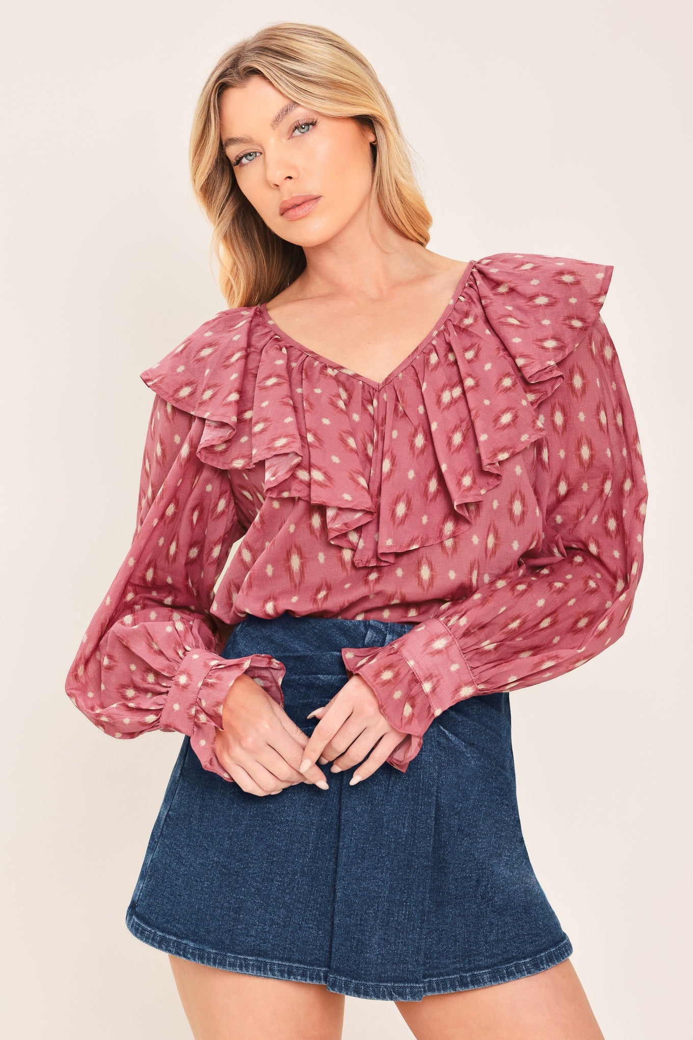 Rose Ikat Ruffle Top