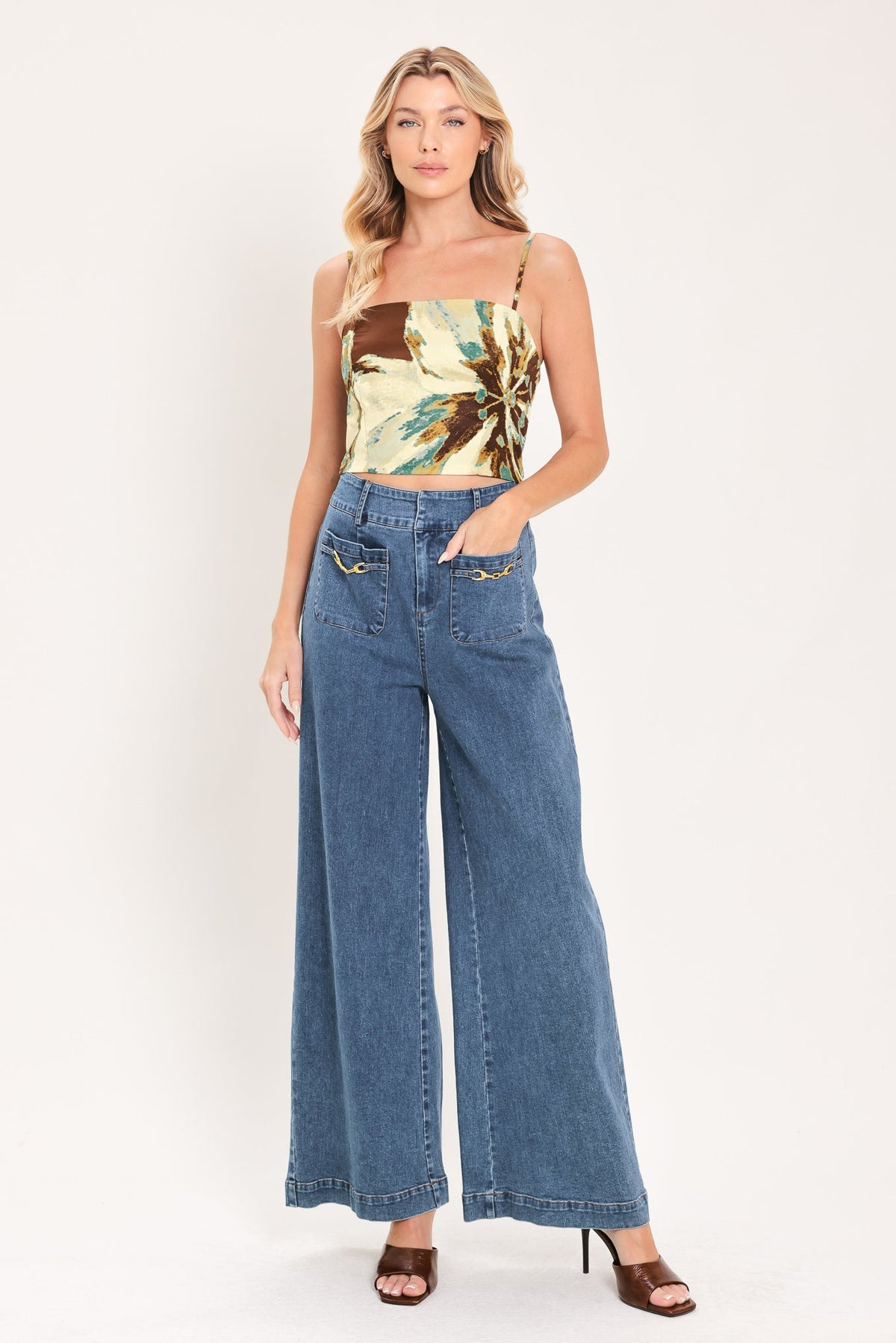 Cream Botanic Sweep Floral Crop Top & Full Skirt Set