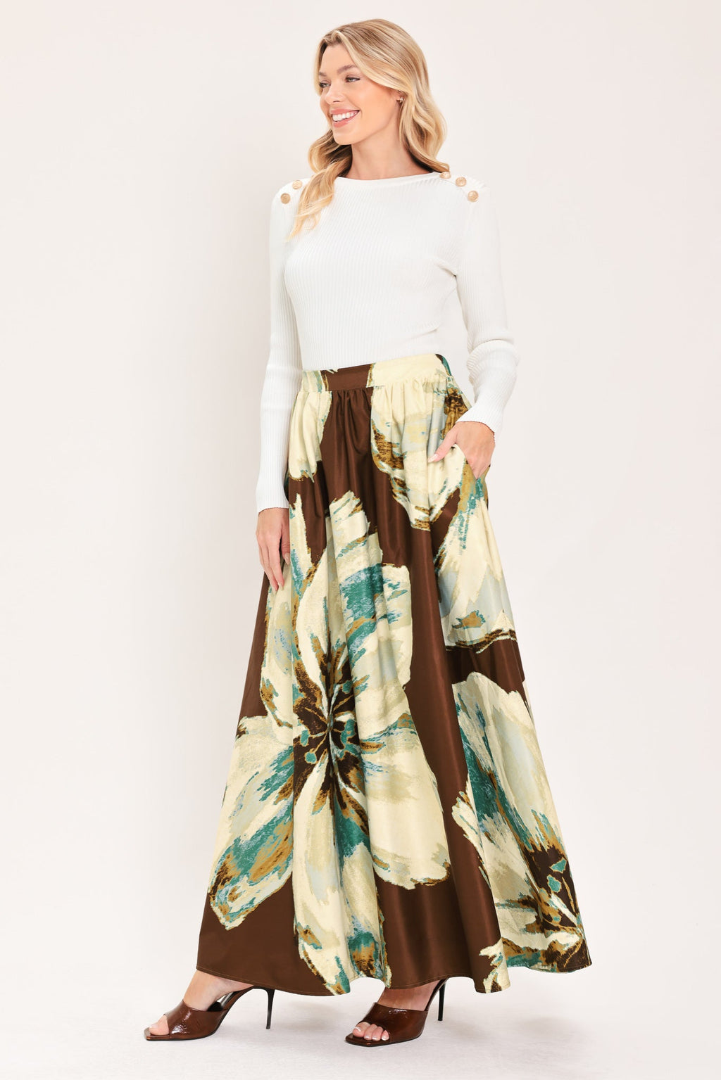 Cream Botanic Sweep Floral Crop Top & Full Skirt Set