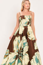 Cream Botanic Sweep Floral Crop Top & Full Skirt Set