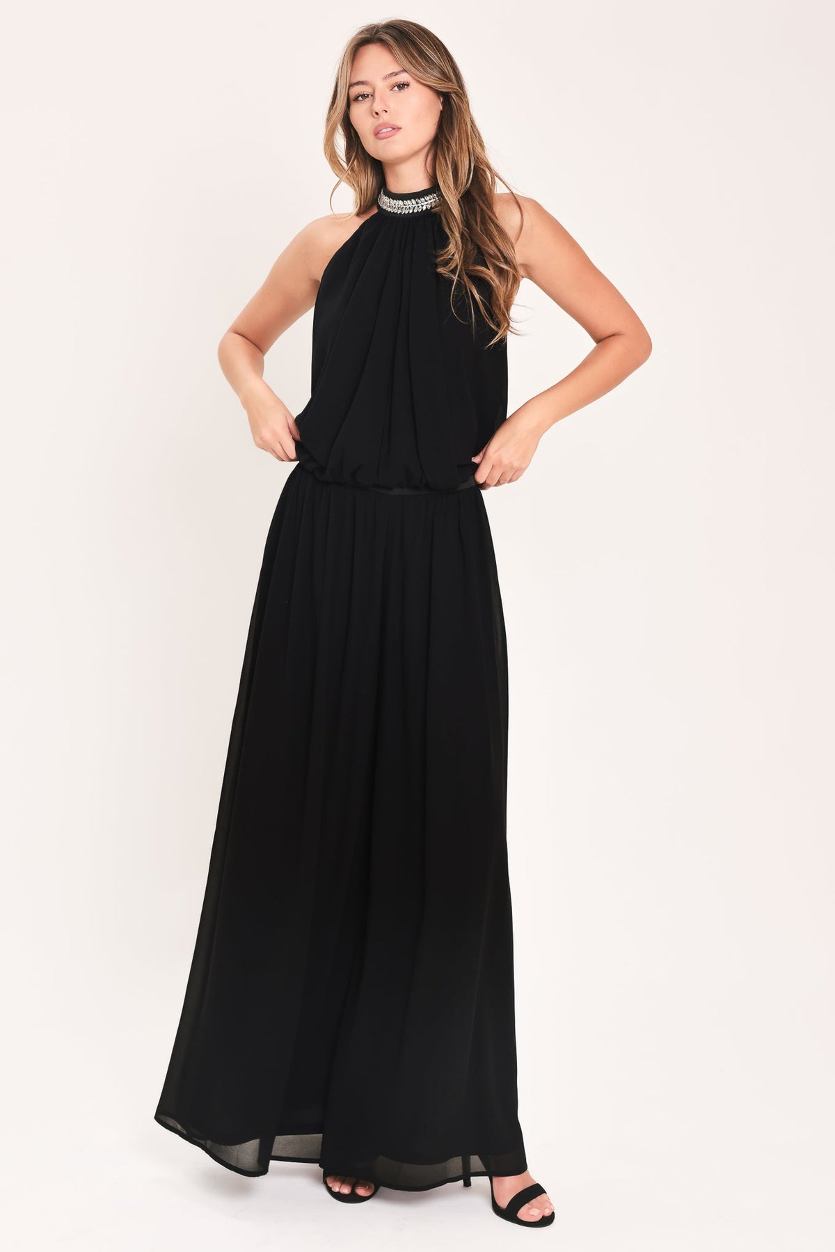 Jewel Hour Black Embellished Halter & Wide-Leg Pants Set