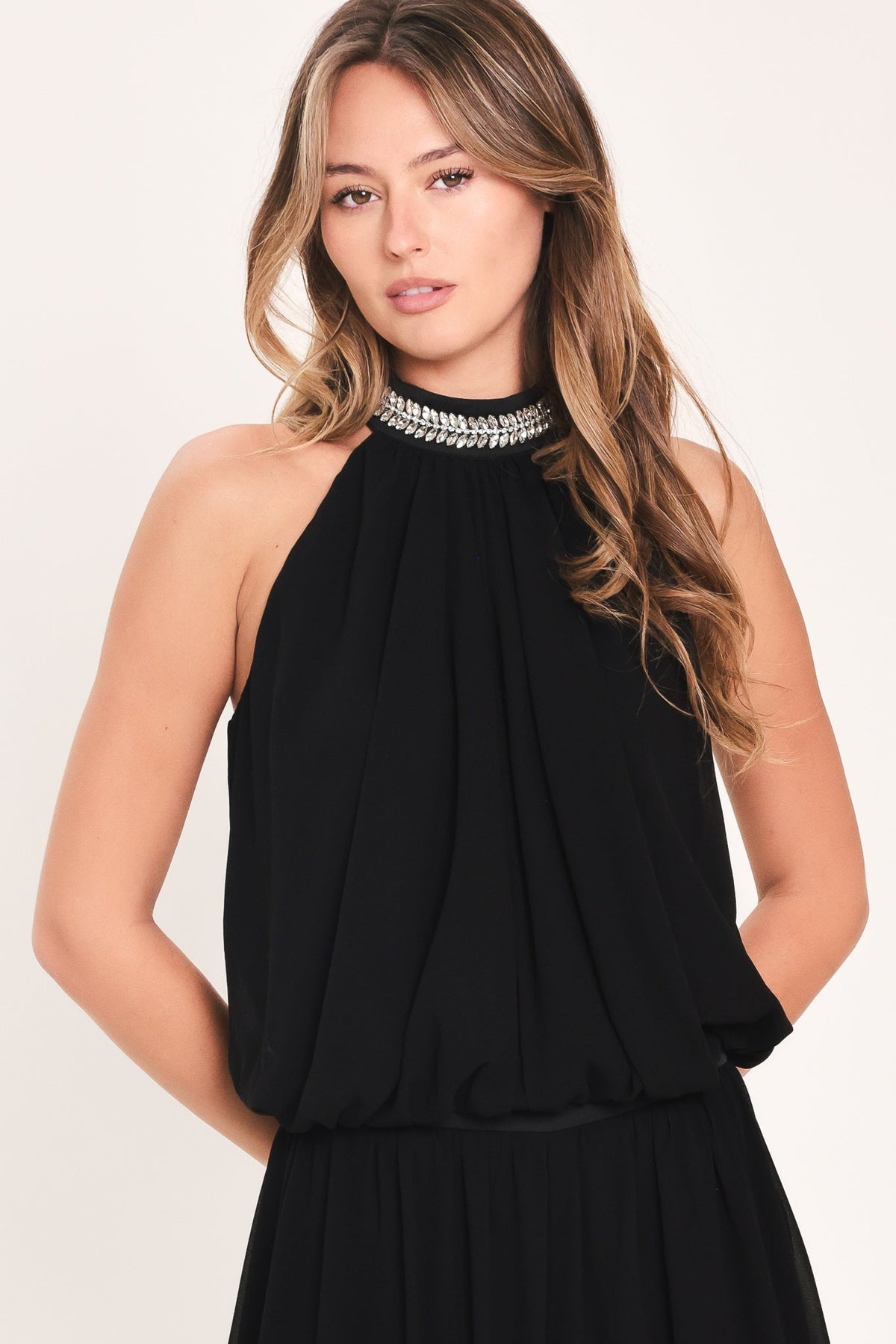 Jewel Hour Black Embellished Halter & Wide-Leg Pants Set
