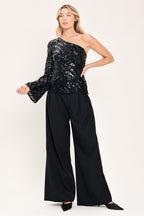 Noir Focus Black One-Shoulder Sequin Top