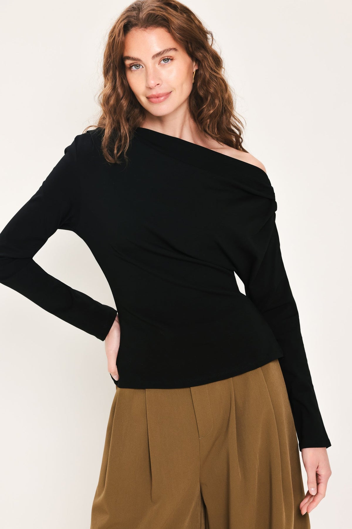 After Hours Black Draped One-Shoulder Top