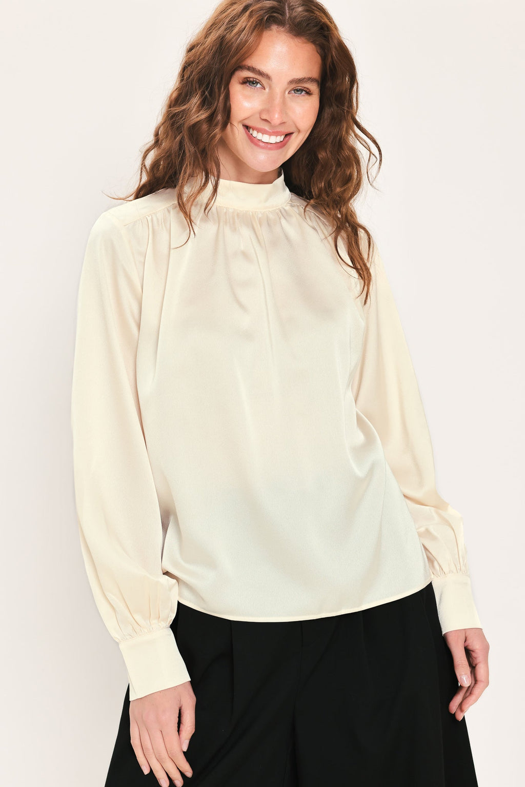 Cream Refined High-Neck Blouson-Sleeve Top