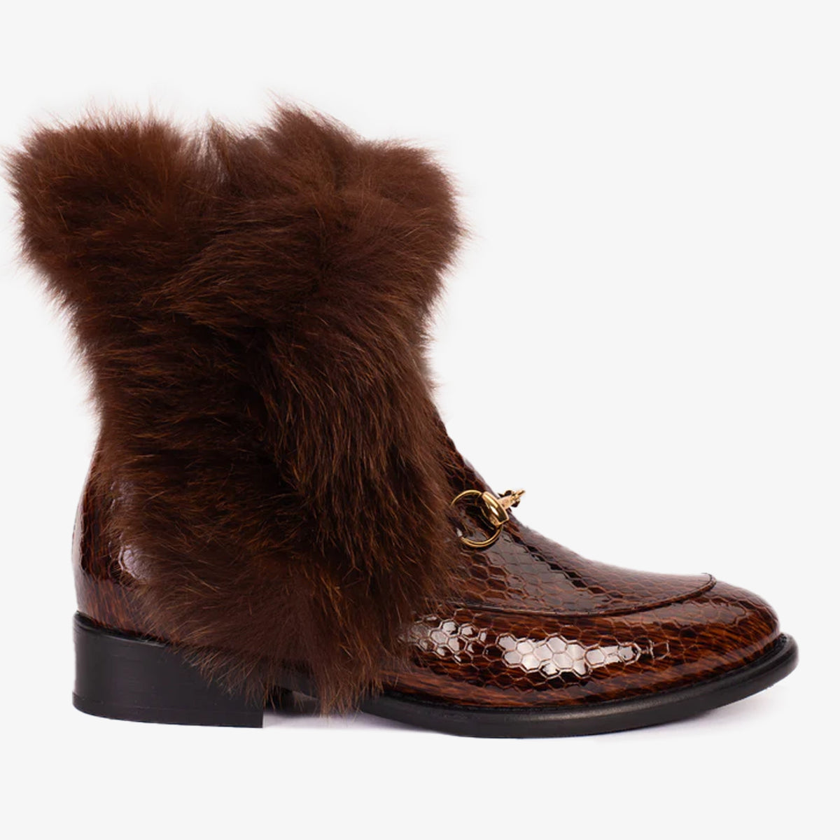 The Izmir Brown Patent Leather Fur-Trimmed Mid-Calf Boots