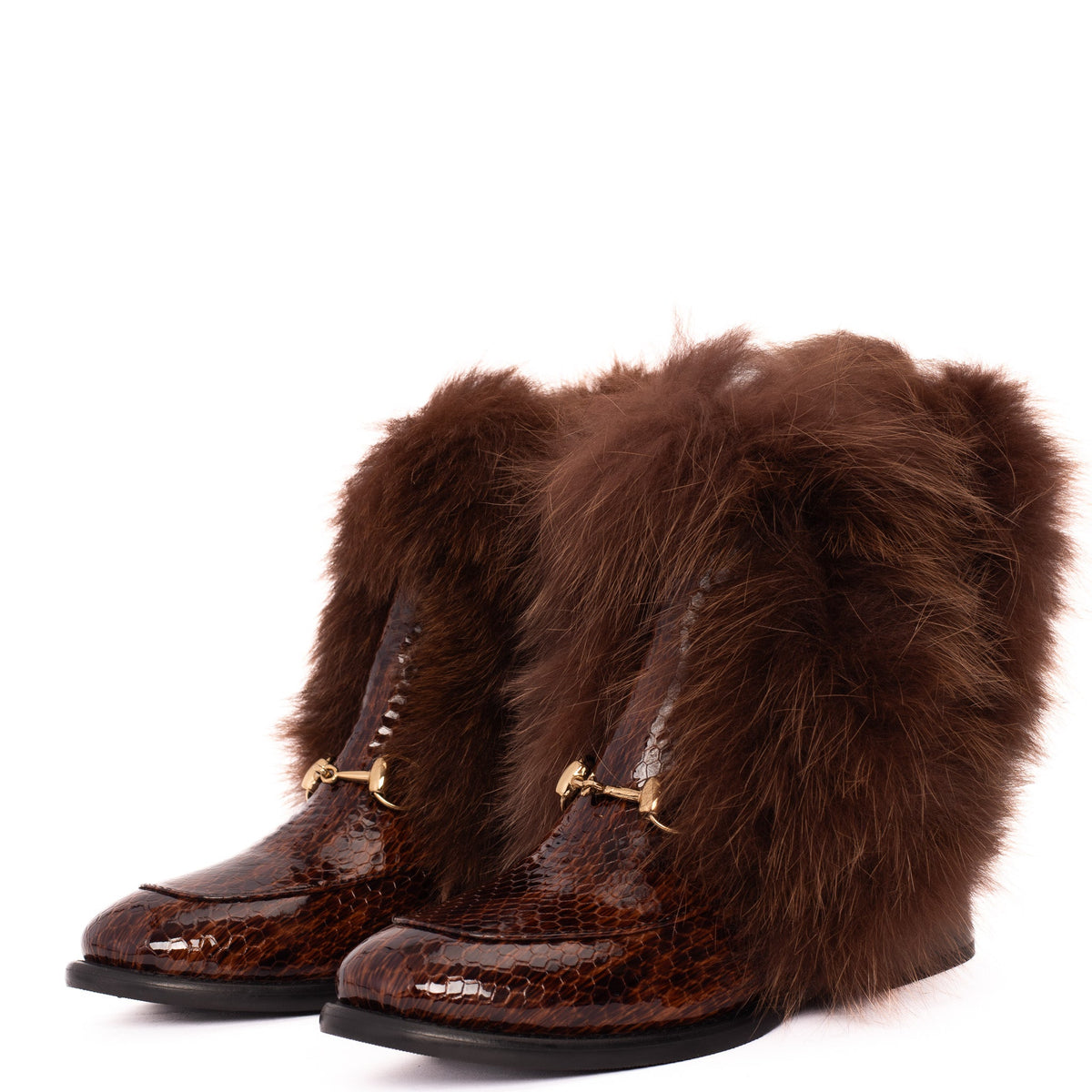 The Izmir Brown Patent Leather Fur-Trimmed Mid-Calf Boots