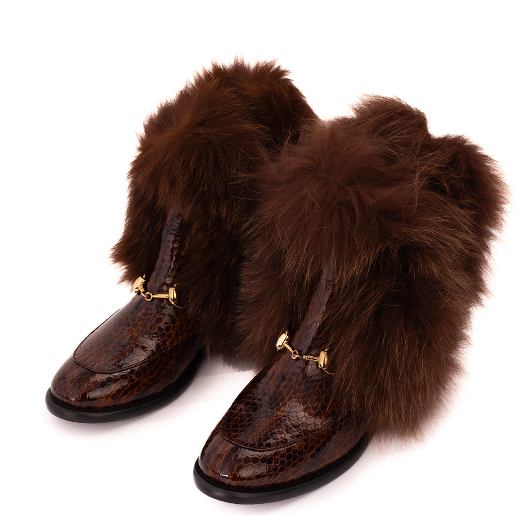 The Izmir Brown Patent Leather Fur-Trimmed Mid-Calf Boots