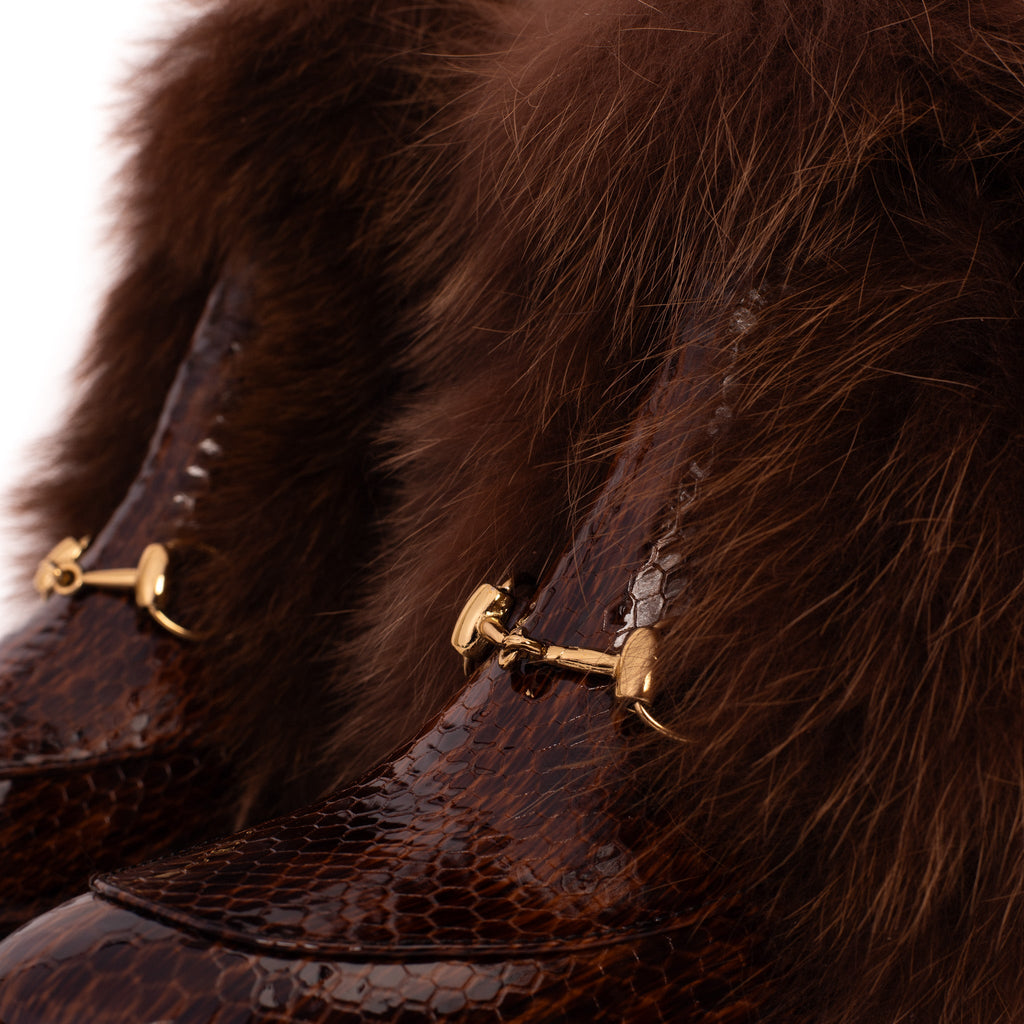 The Izmir Brown Patent Leather Fur-Trimmed Mid-Calf Boots