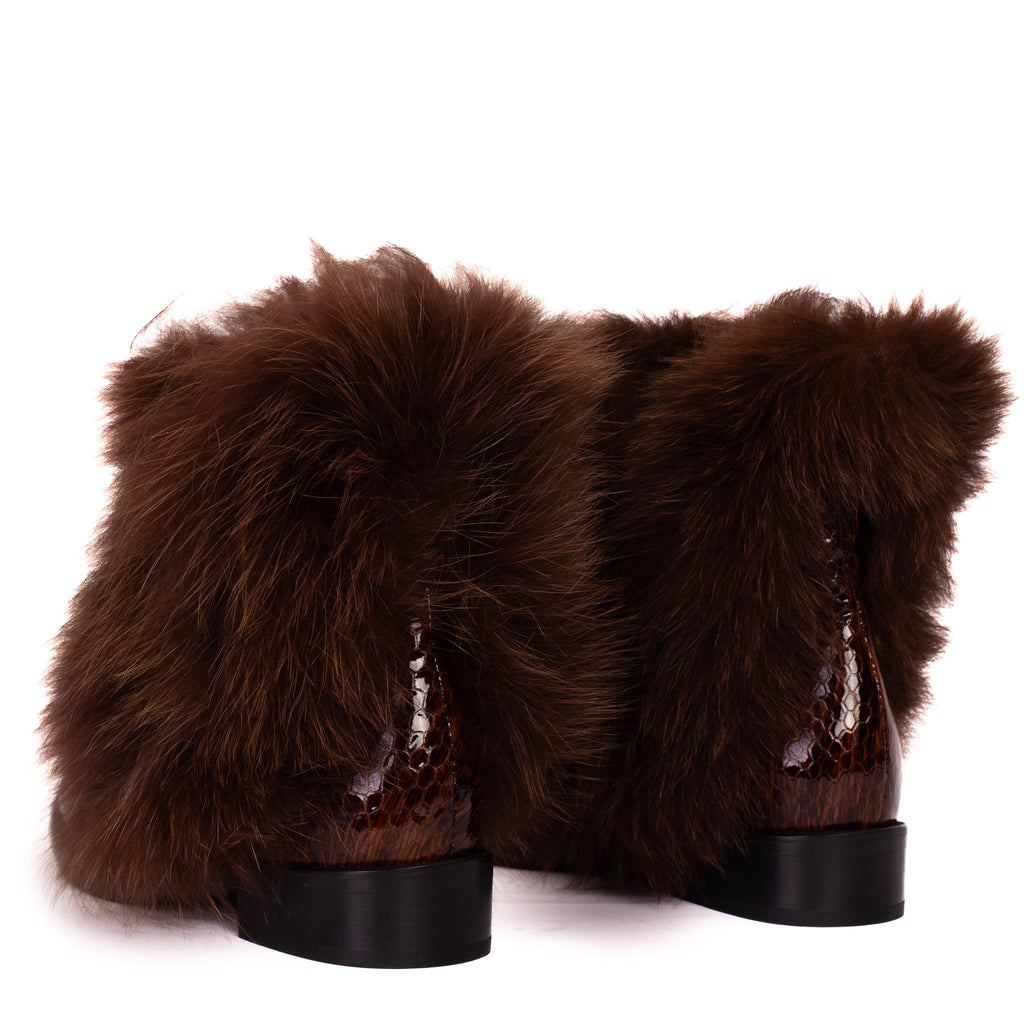 The Izmir Brown Patent Leather Fur-Trimmed Mid-Calf Boots