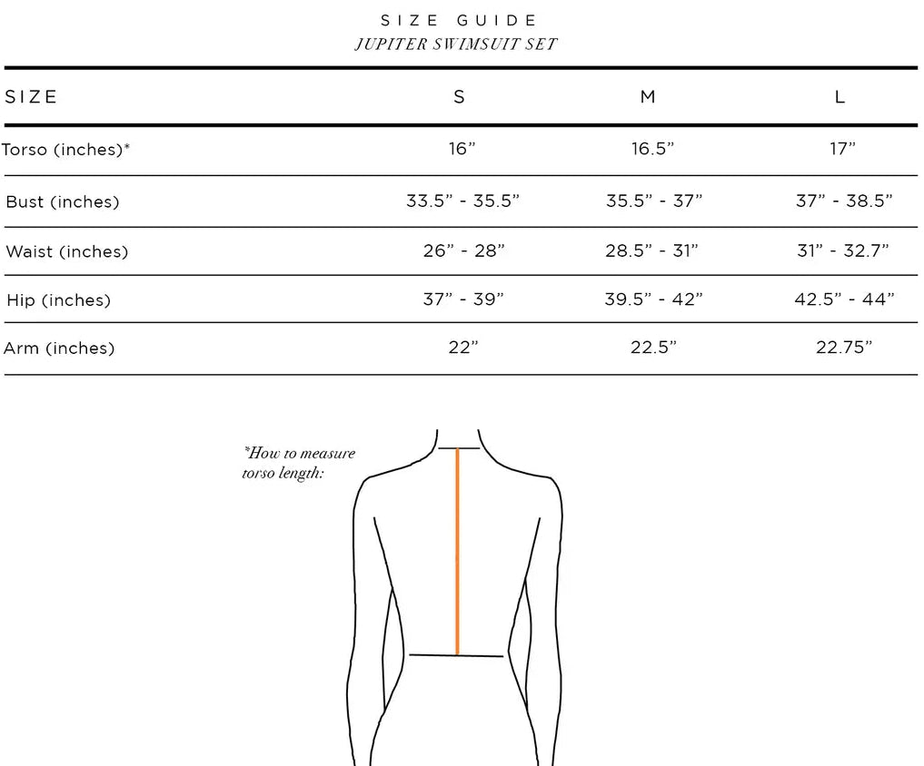 A size guide chart for the BRUNNA.CO Jupiter Shapert Set, showing measurements for S, M, and L sizes with a simple line drawing of a female torso on a white background.