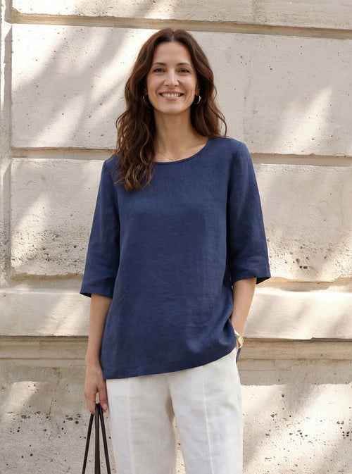 100% Linen Relaxed Back Button Top with Tab Sleeves SYLVANA