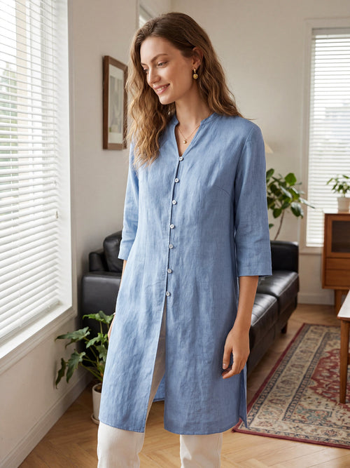 100% Linen Hand Button Long Top DILLON