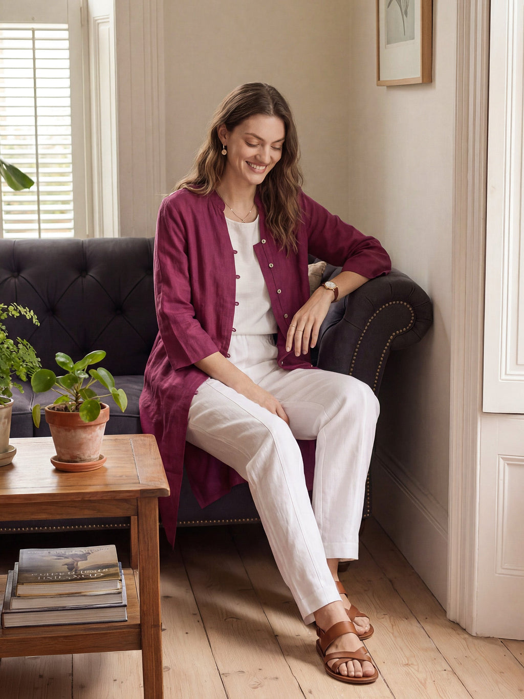 100% Linen Hand Button Long Top DILLON