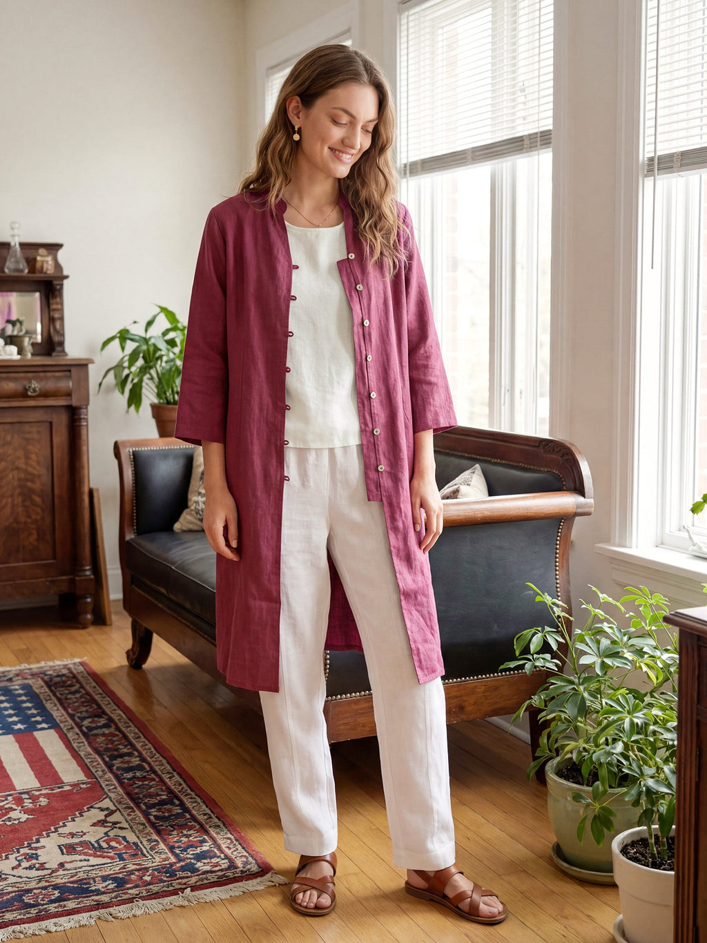 100% Linen Hand Button Long Top DILLON