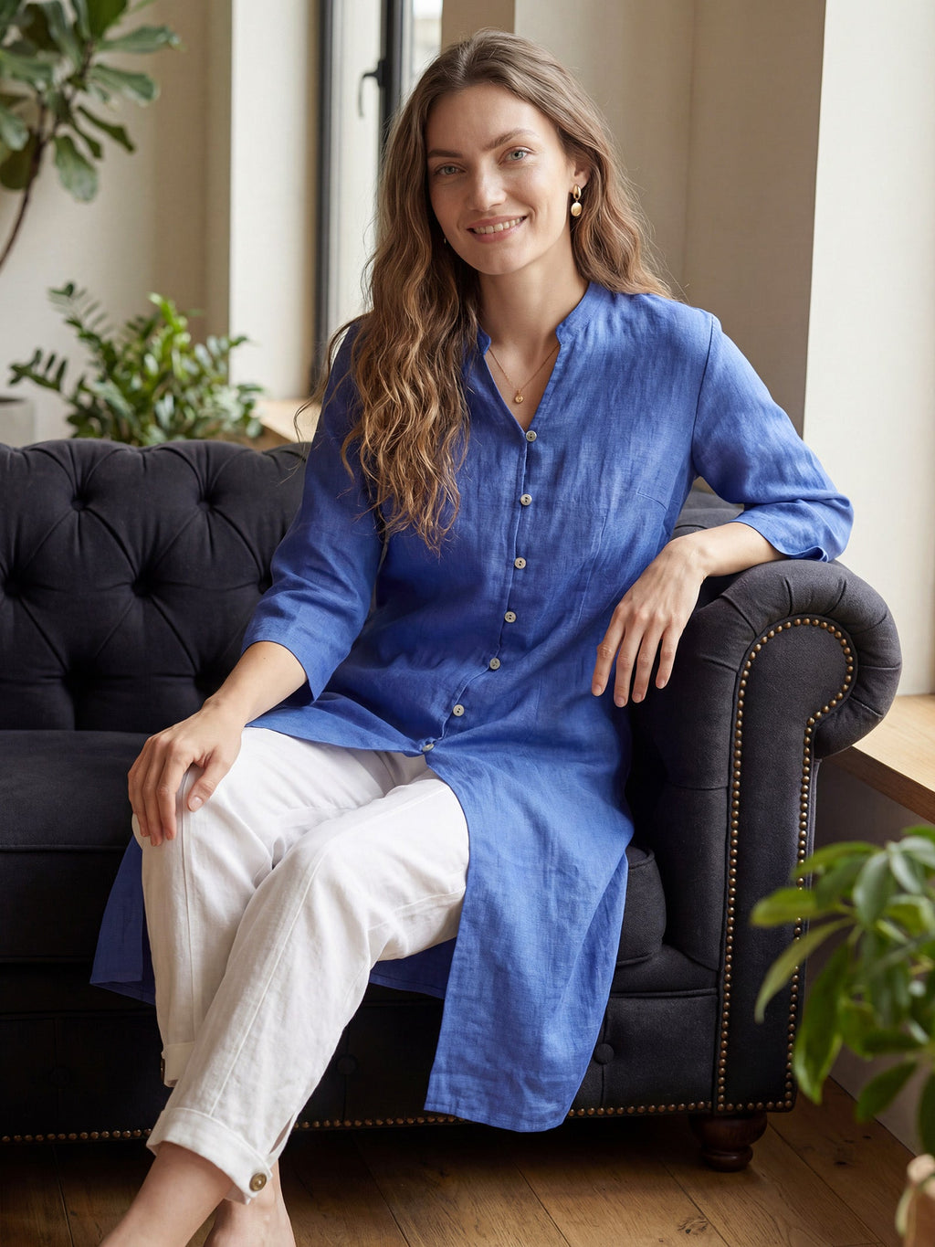 100% Linen Hand Button Long Top DILLON