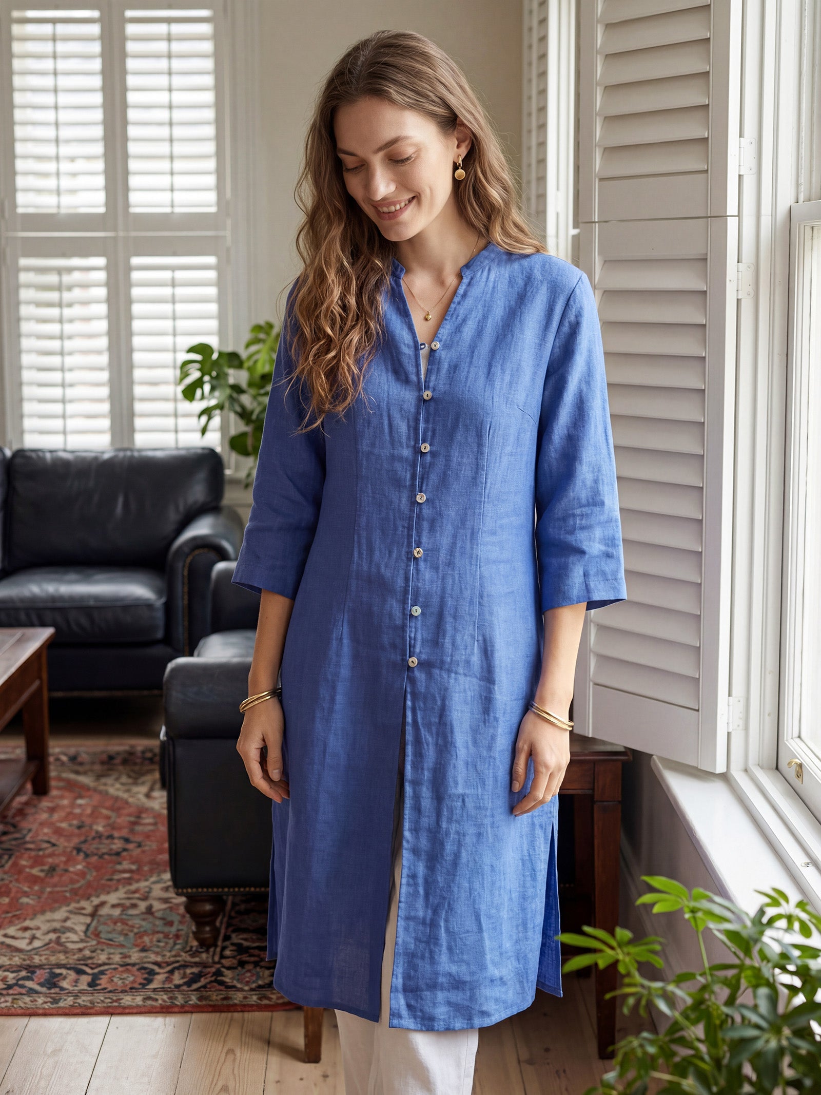 100% Linen Hand Button Long Top DILLON