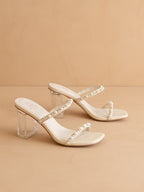 The Mae | Beige Wedding Pearl Detail Clear Block Heel