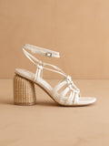 The Monza | White Strappy Raffia Basket Weave Block Heel