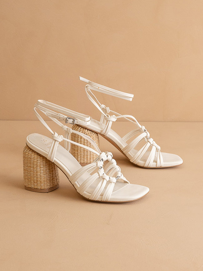 The Monza | White Strappy Raffia Basket Weave Block Heel