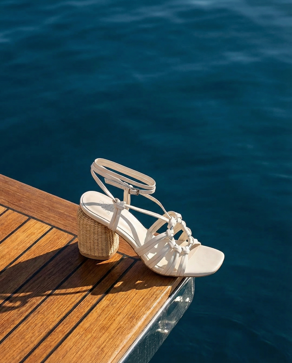 The Monza | White Strappy Raffia Basket Weave Block Heel