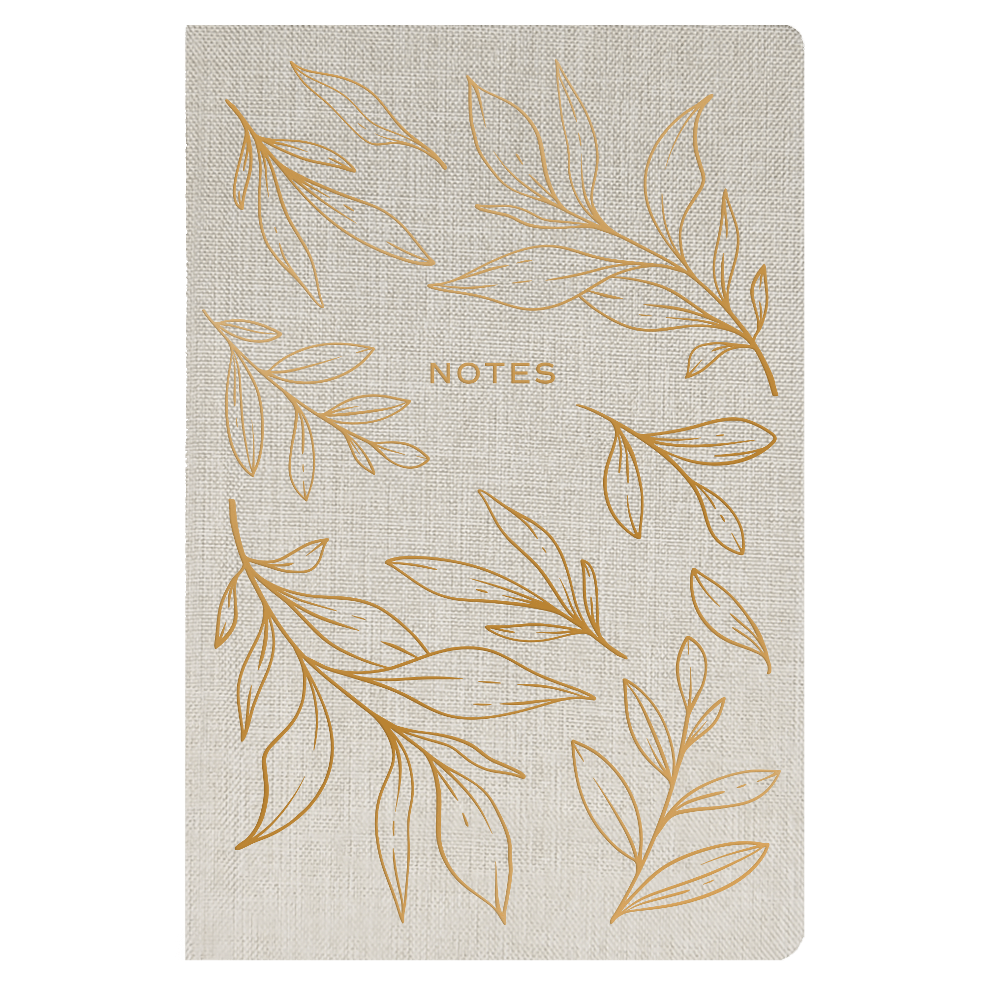 Notebook with gold leaf patterns and 'NOTES' text on a beige background
