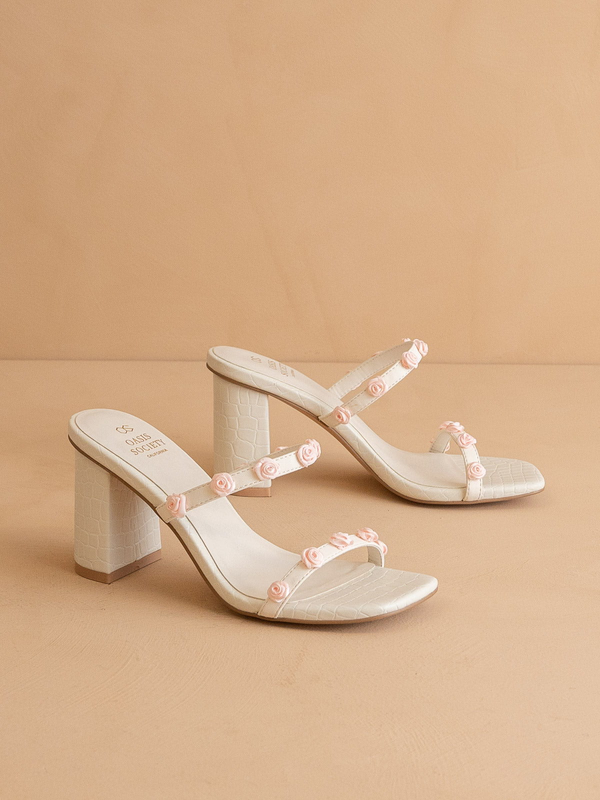 The Nia | White Rosette Adorned Block Heel