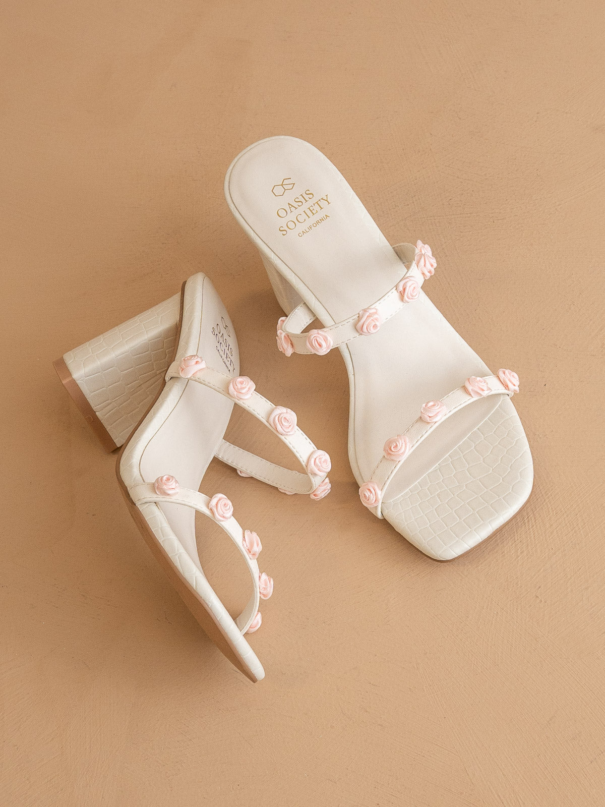 The Nia | White Rosette Adorned Block Heel