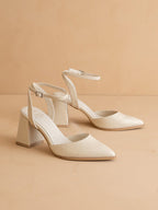 The Princess | White Pointed Toe Bridal Block Heel with Ankle Strap