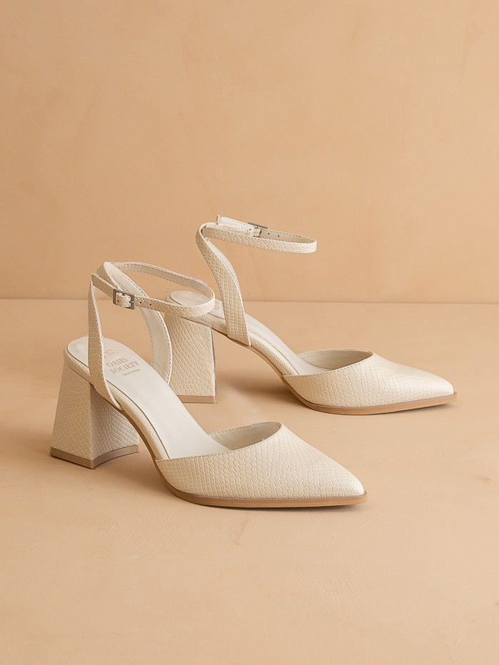 The Princess | White Pointed Toe Bridal Block Heel with Ankle Strap