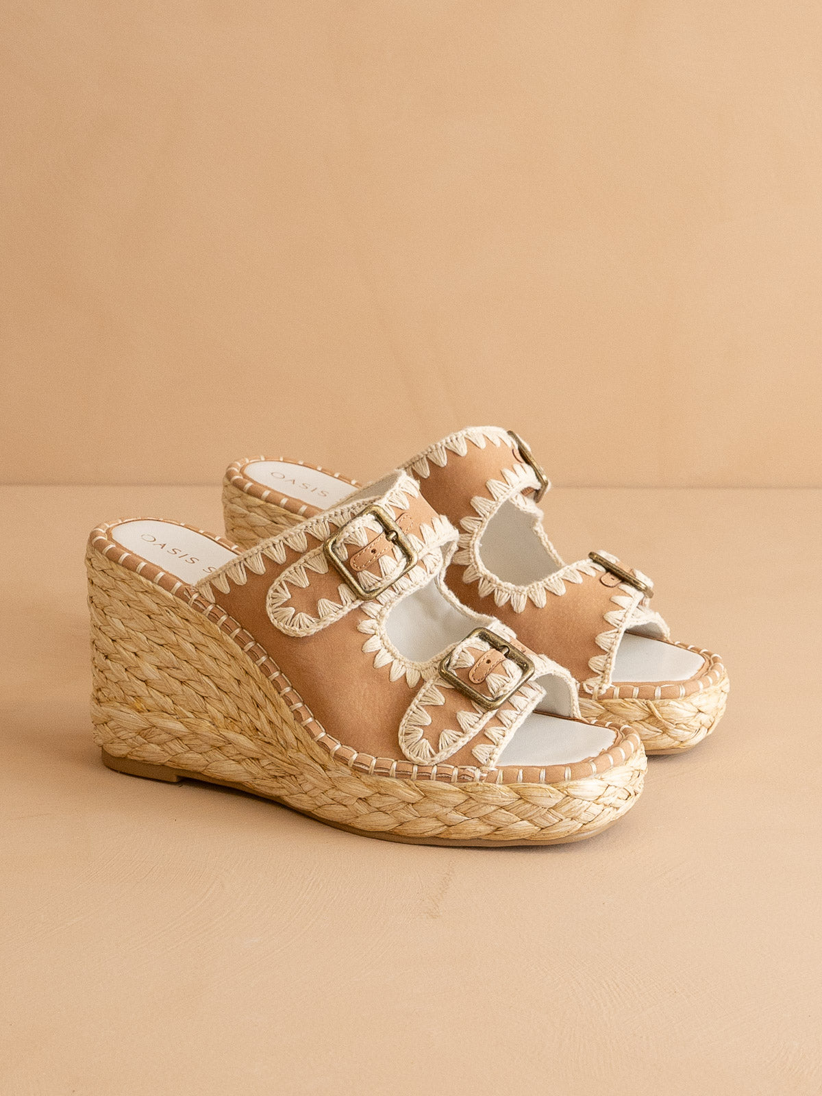 The Rae | Camel Embroidered Espadrille Wedges with Double Buckle Straps