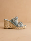 The Rae | Slate Blue Embroidered Espadrille Wedges With Double Buckle Straps