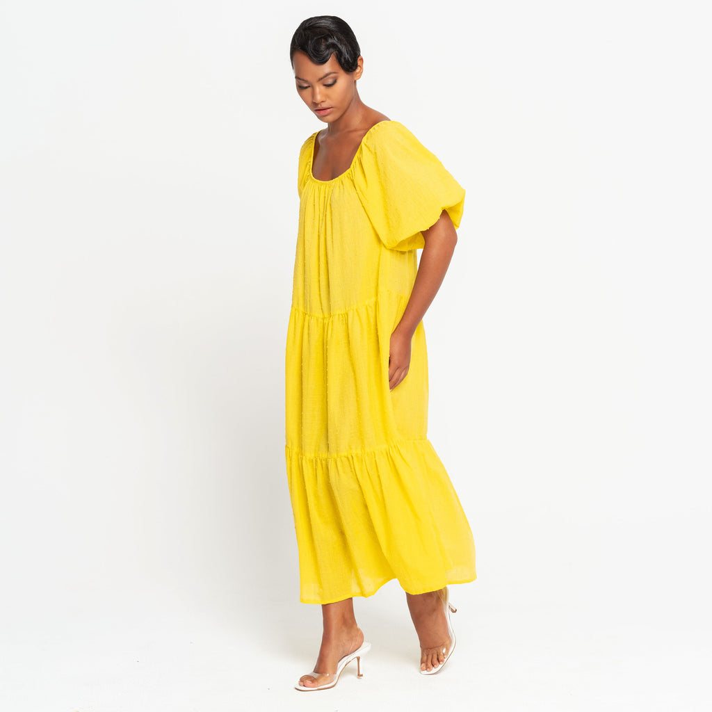 Rosemary Dotted Cotton Dress in Sunflower Yellow
