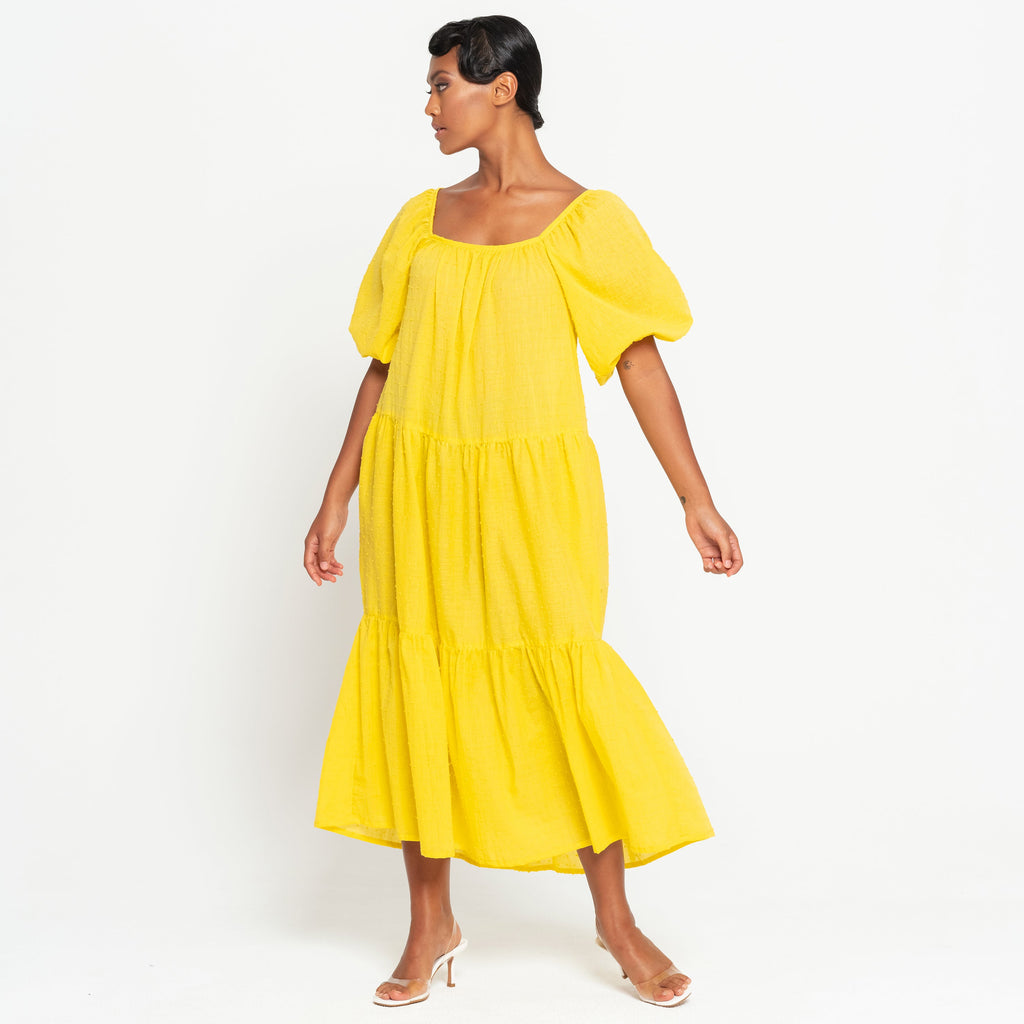 Rosemary Dotted Cotton Dress in Sunflower Yellow