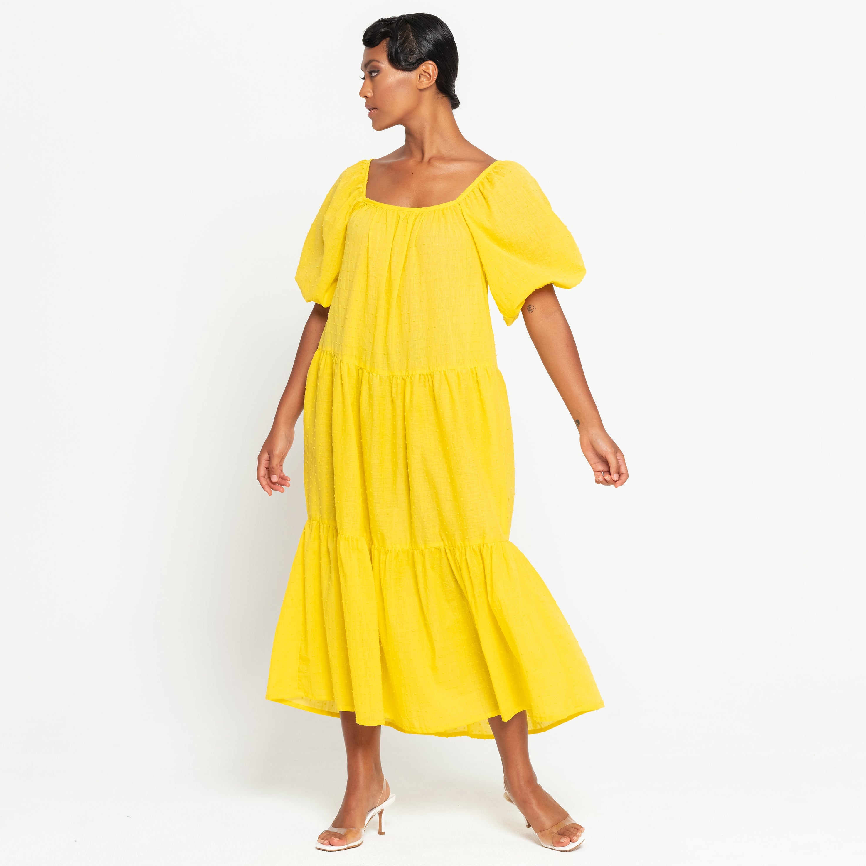Rosemary Dotted Cotton Dress in Sunflower Yellow