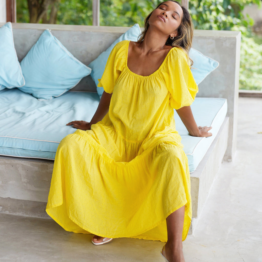 Rosemary Dotted Cotton Dress in Sunflower Yellow