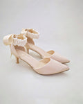 Satin Pointy Toe Kitten Low Heel with Perla Ankle Strap