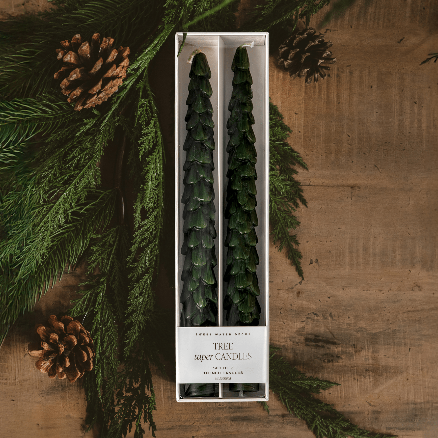 Green Tree Taper Candles - Set of 2
