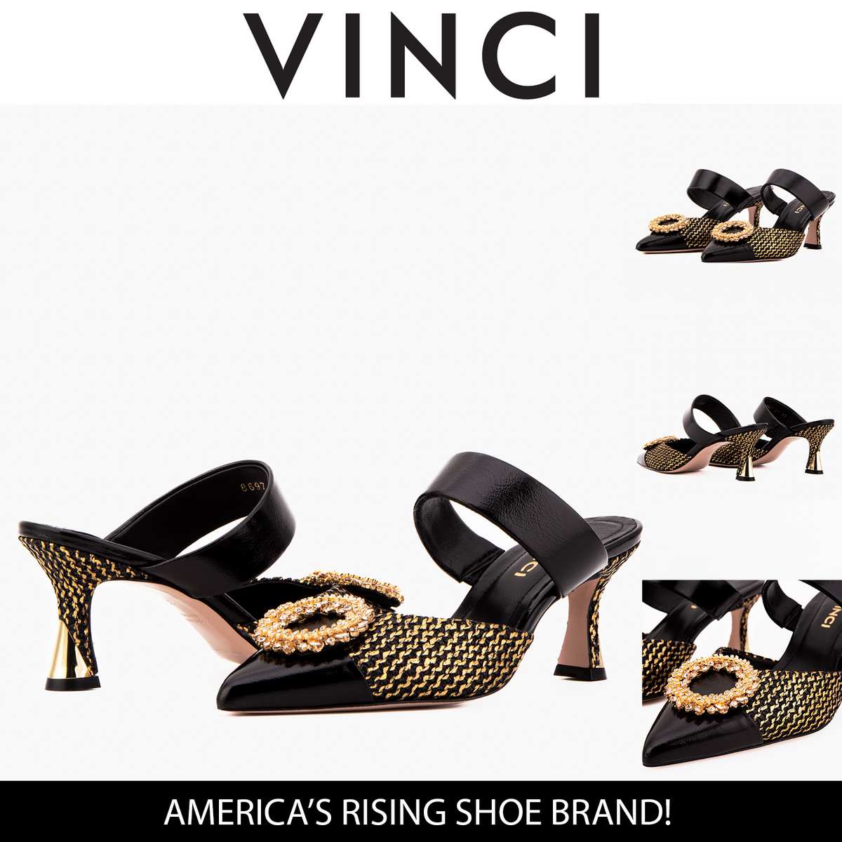 Valencia Black & Gold Jewel Heel Mule Sandal