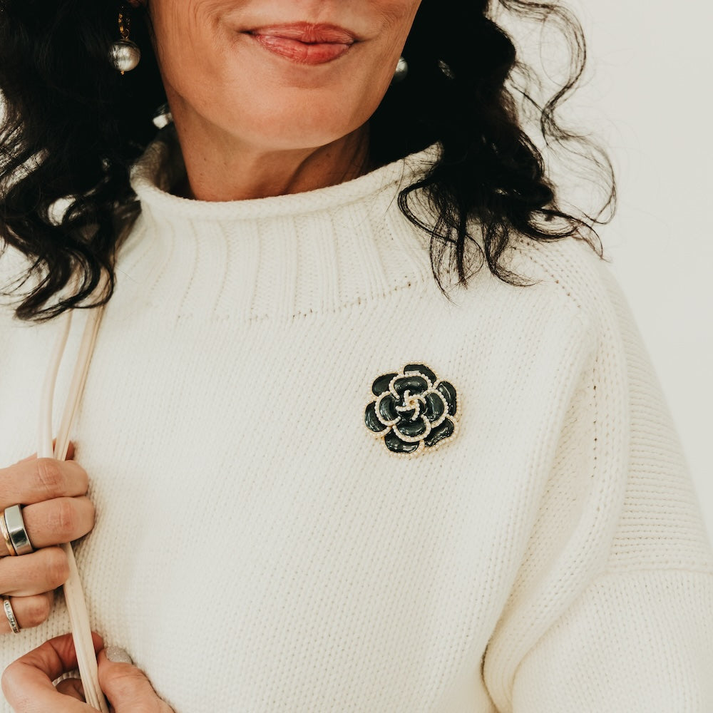 Black Flower Brooch with Pearl Trim - WATERPROOF