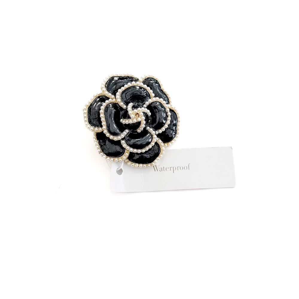 Black Flower Brooch with Pearl Trim - WATERPROOF